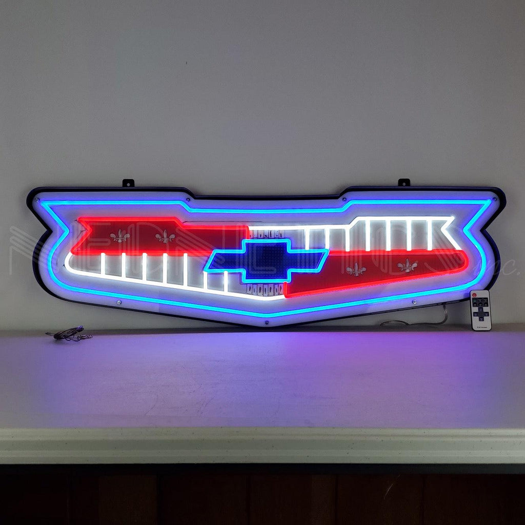 1957 Chevy Emblem Chevrolet Grille LED Flex-Neon Sign in Steel Can-Grease Monkey Garage