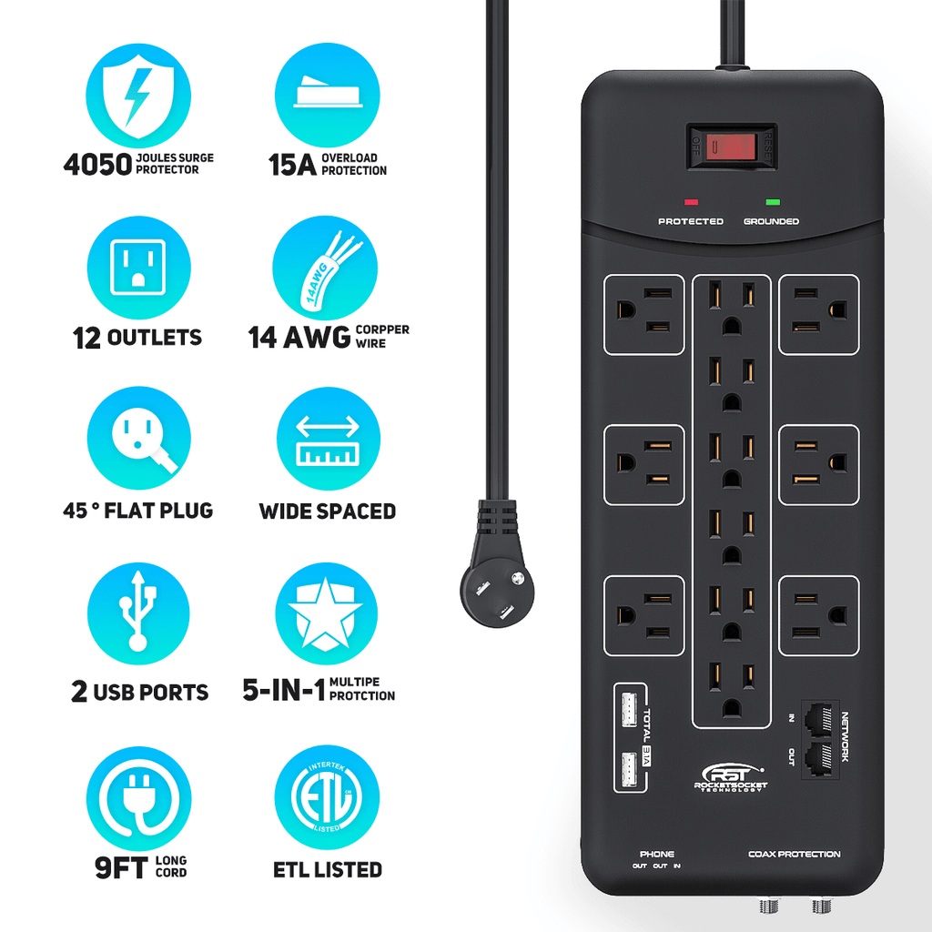 CRST 12 Outlets Built in Ethernet Coax Phone Ports Surge Protector Power Strip 6FT Extension Power Cord-surge protector power strip-Grease Monkey Garage