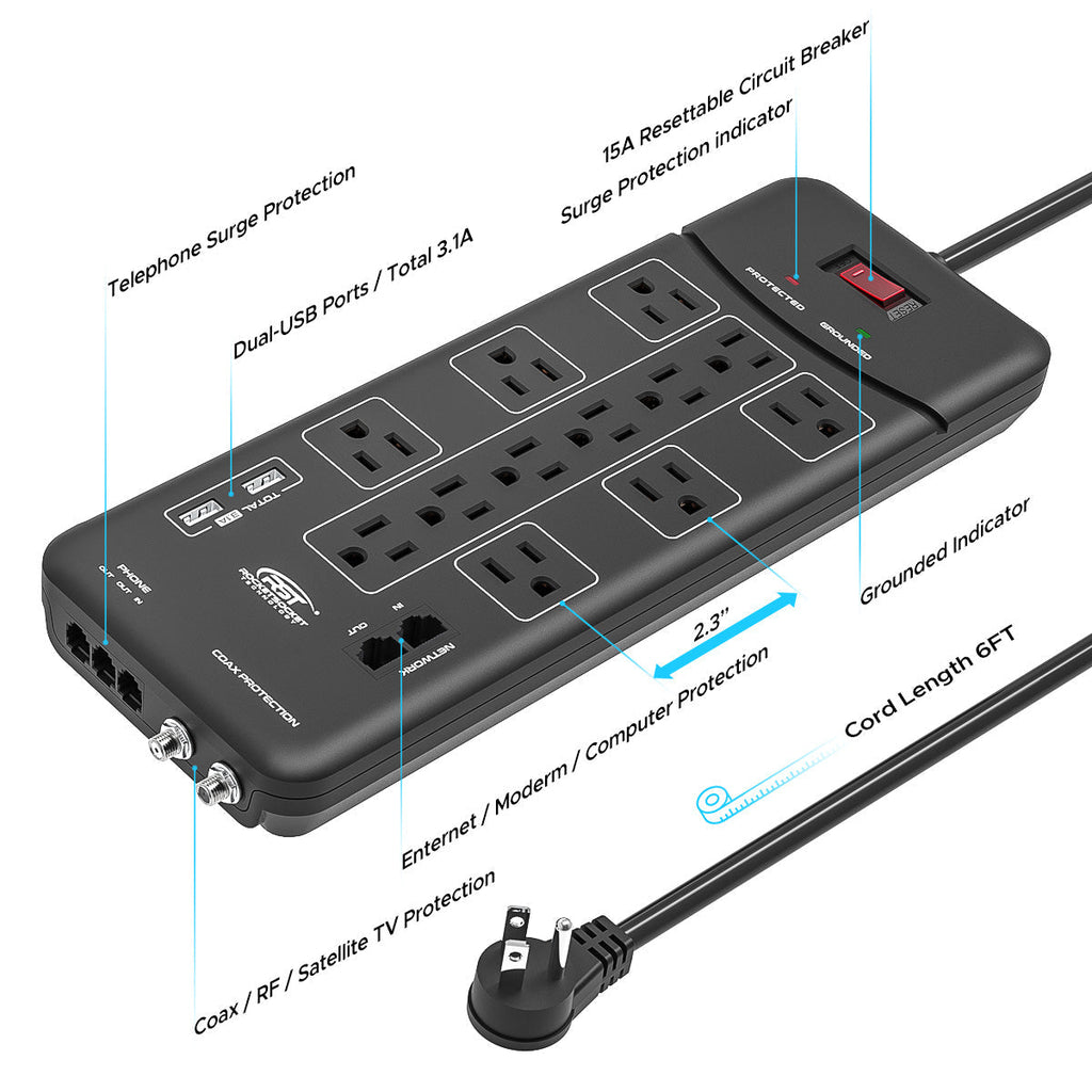 CRST 12 Outlets Built in Ethernet Coax Phone Ports Surge Protector Power Strip 6FT Extension Power Cord-surge protector power strip-Grease Monkey Garage