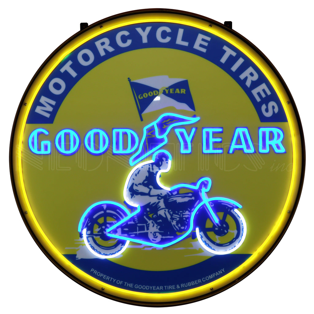 Goodyear Vintage Motorcycle LED Flex-Neon Sign in Steel Can-Grease Monkey Garage