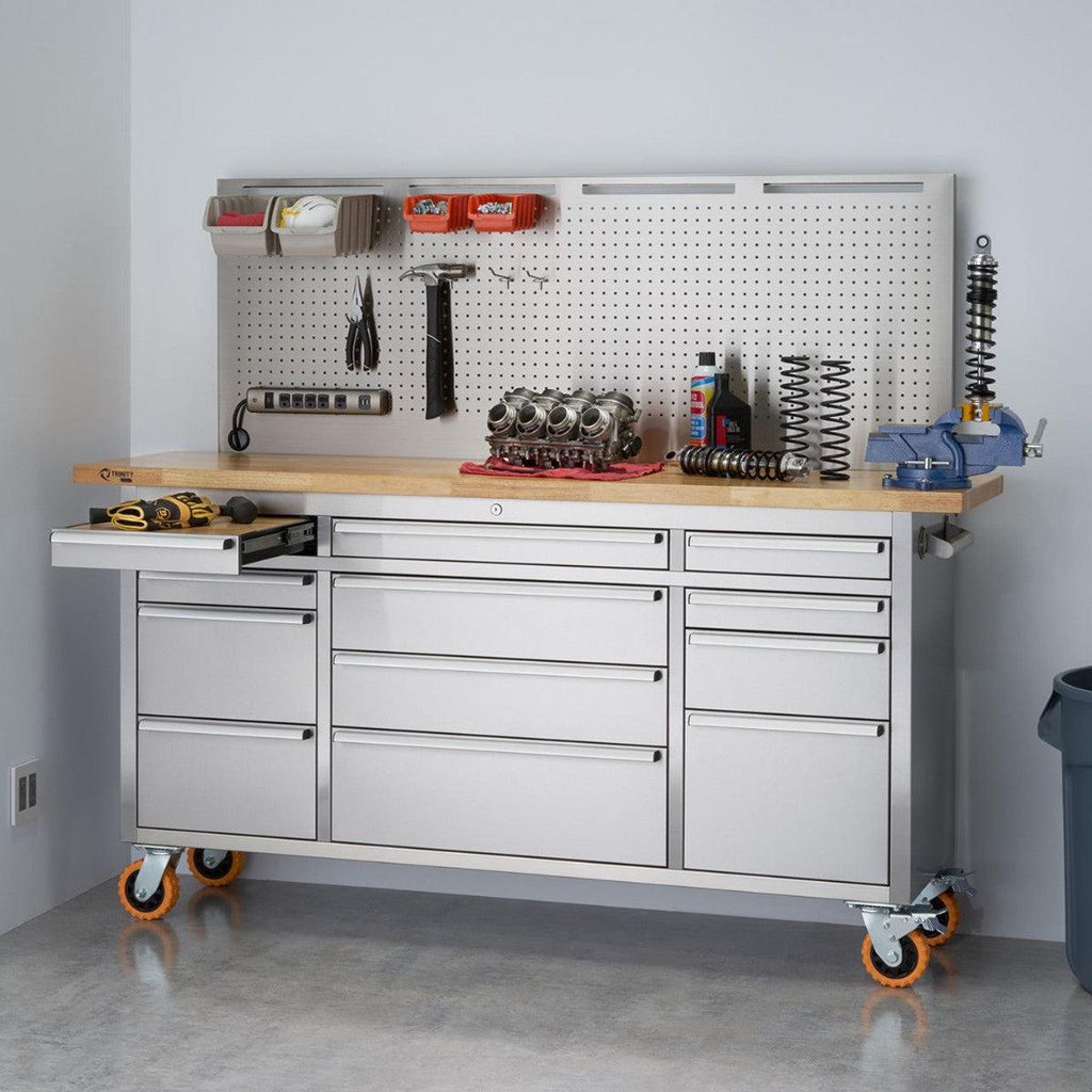 Professional Stainless Steel Rolling Workbench with Pegboard 72" x 19"-Grease Monkey Garage