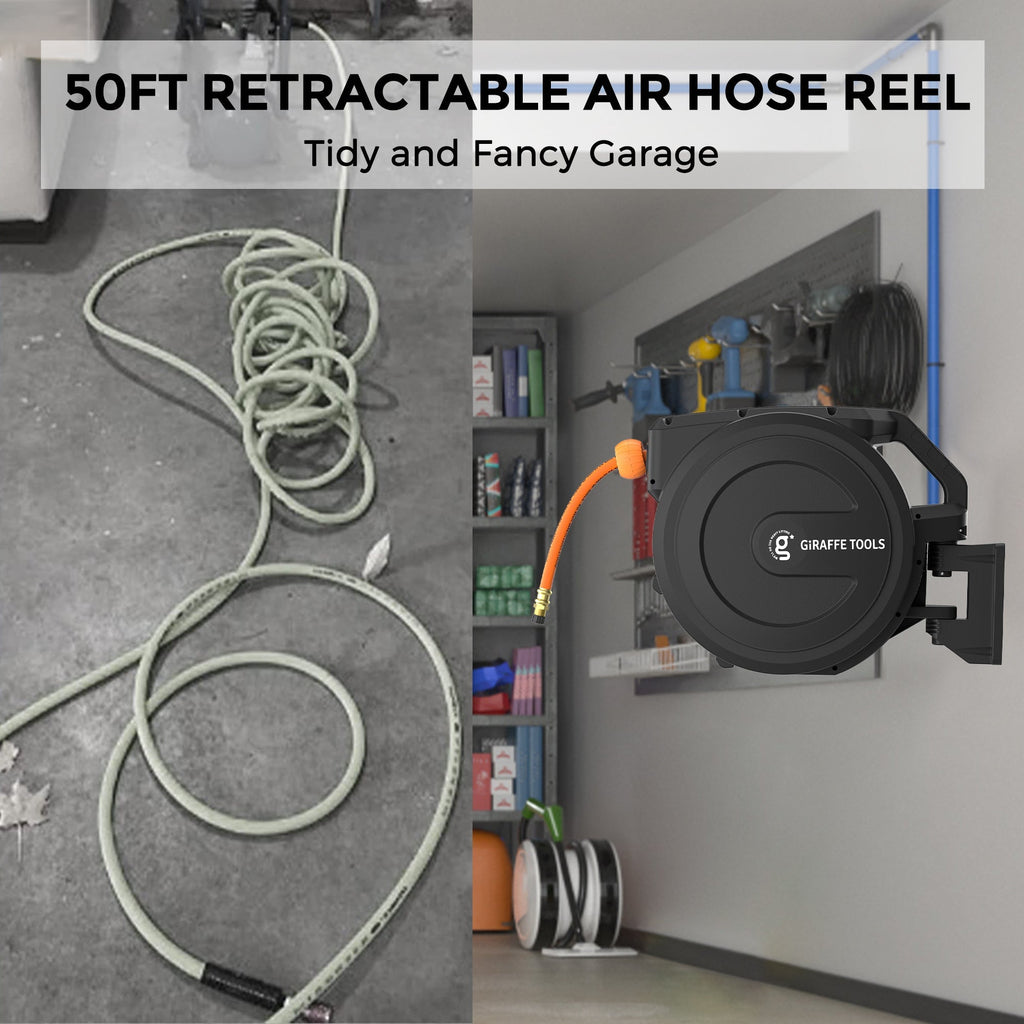 Retractable Air Hose Reel-PP Housing-3/8in-50ft-Retractable Air Hose Reel-Grease Monkey Garage