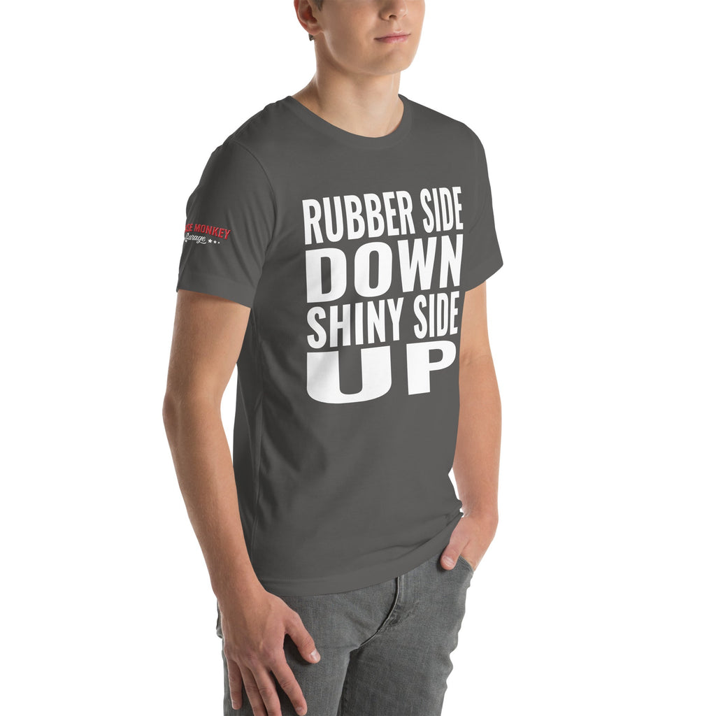 Rubber Side Down Shiny Side Up Unisex T-Shirt-Grease Monkey Garage