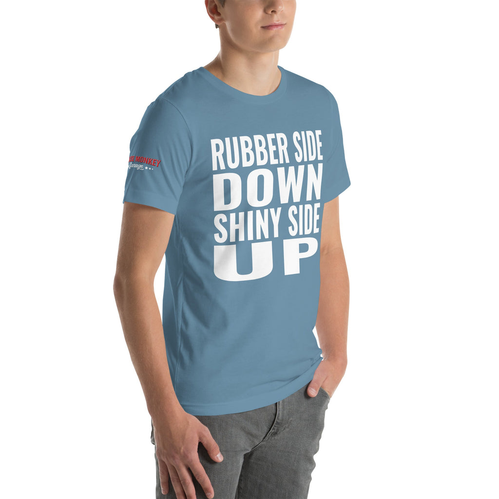 Rubber Side Down Shiny Side Up Unisex T-Shirt-Grease Monkey Garage