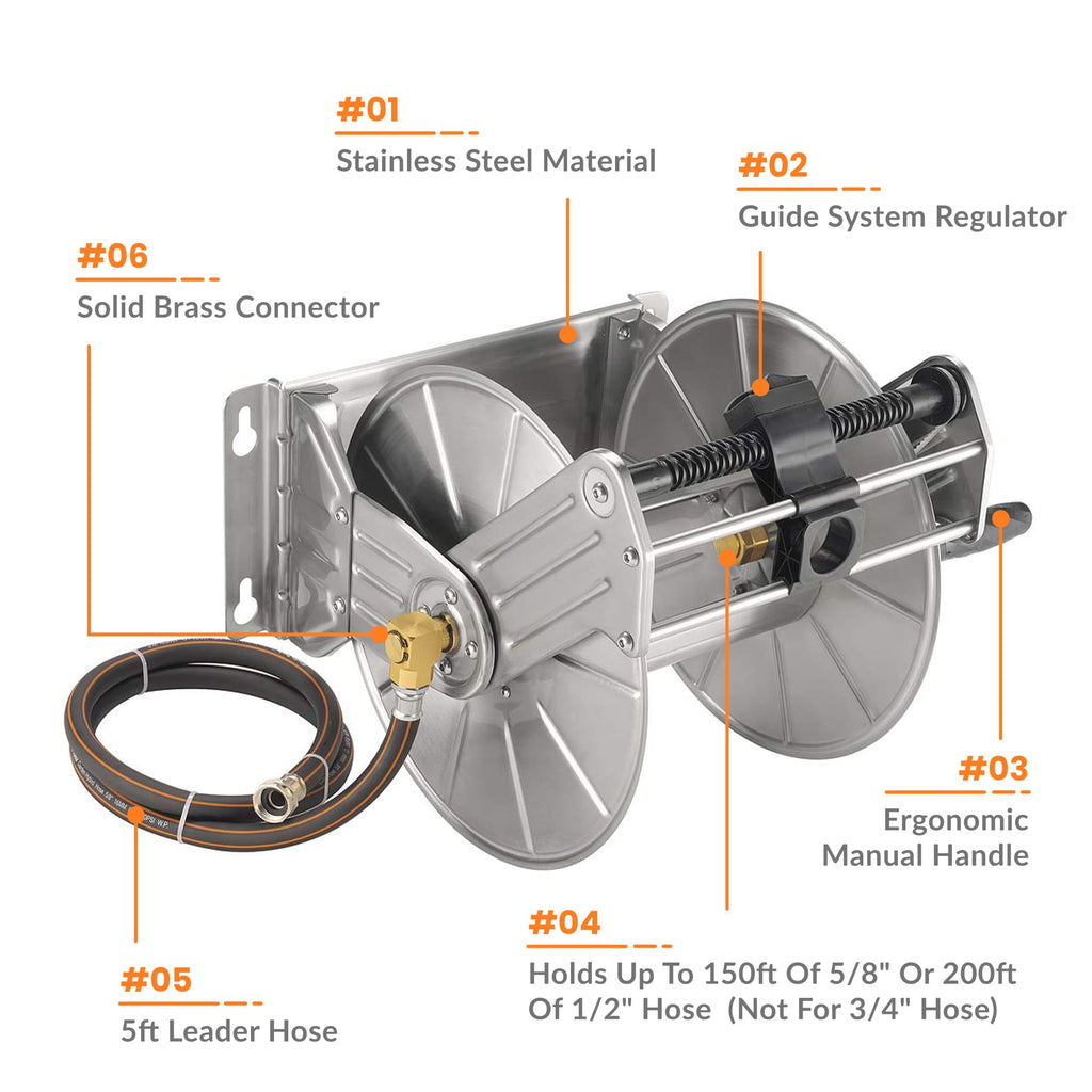 Wall Mounted Hose Reel-Stainless Steel-Manual Crank Garden Hose Reel-Grease Monkey Garage