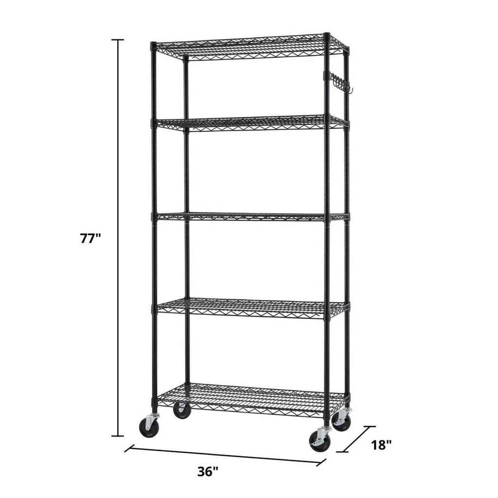 5-Tier Commercial Grade Wire Shelving 36"x18"x72" with Sidebar & Wheels - Black-Grease Monkey Garage