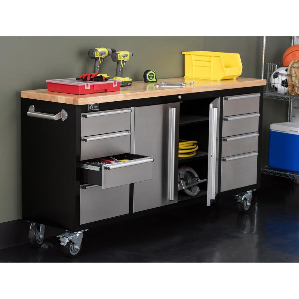 Black & Stainless Steel Rolling Workbench 72" x 19"-Grease Monkey Garage