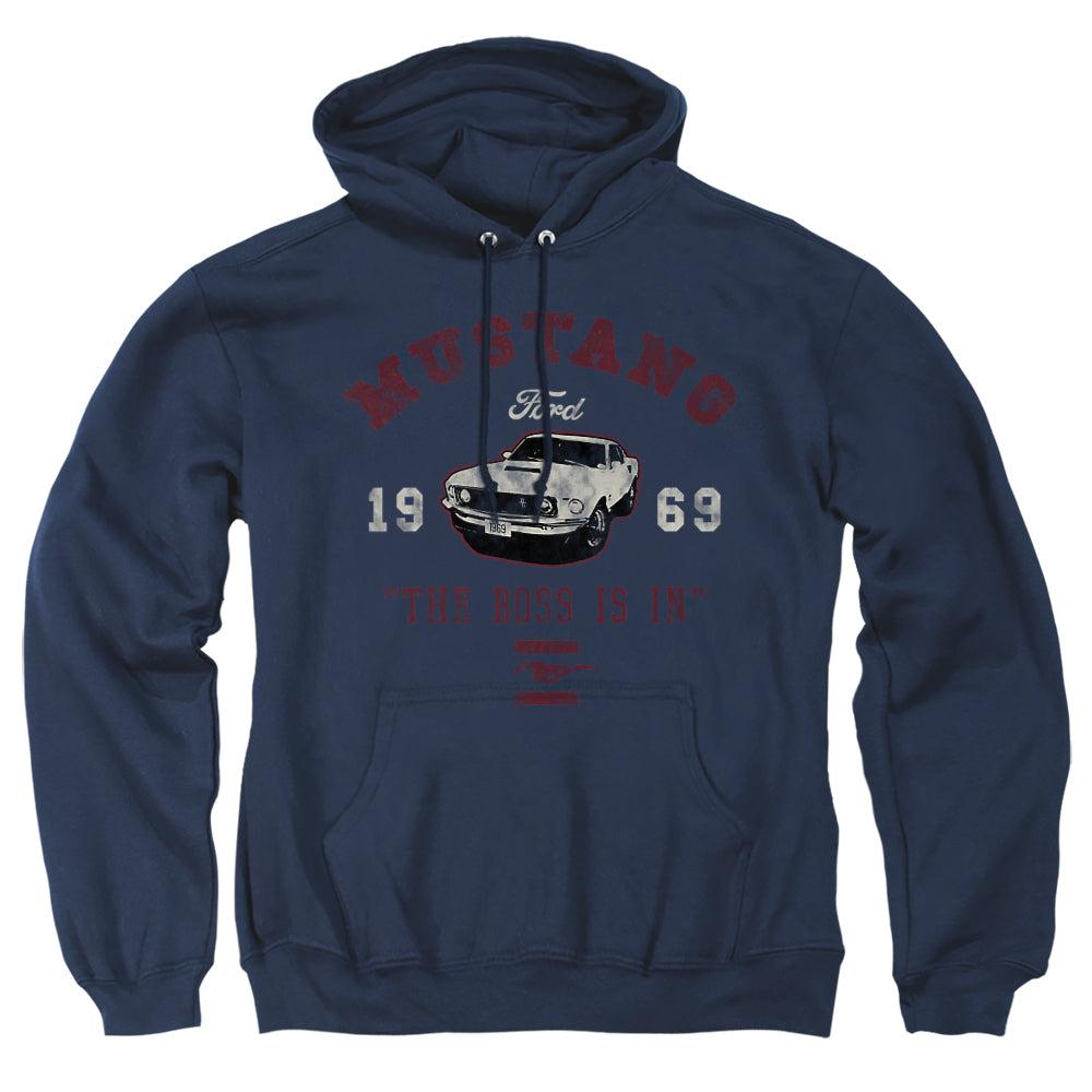 Ford 1969 Mustang The Boss Is In Pullover Hoodie-Grease Monkey Garage