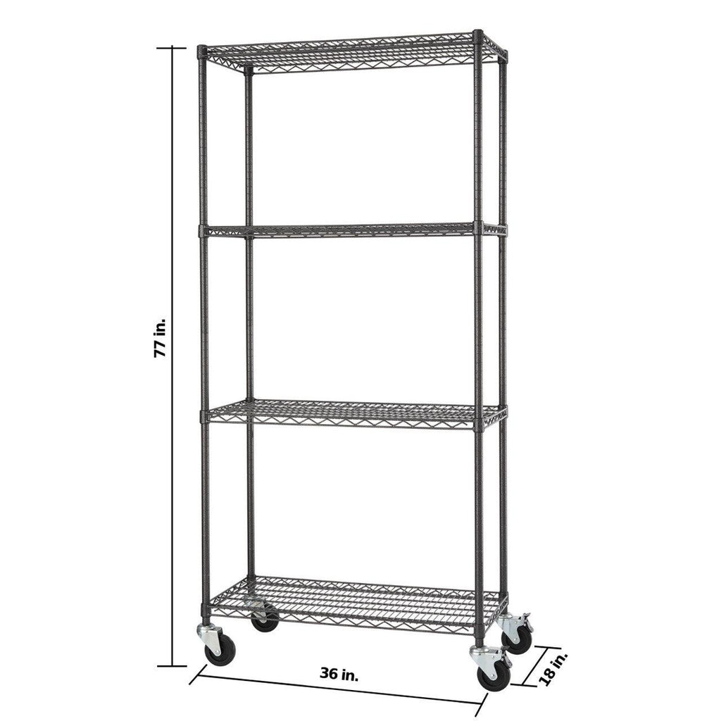 Professional 4-Tier Industrial Grade Wire Shelving 36"x18"x72" with Wheels - Black Anthracite-Grease Monkey Garage