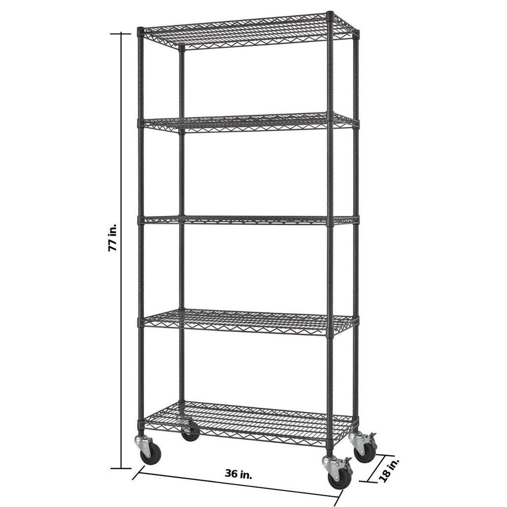 Professional 5-Tier Industrial Grade Wire Shelving 36"x18"x72" with Wheels - Black Anthracite-Grease Monkey Garage