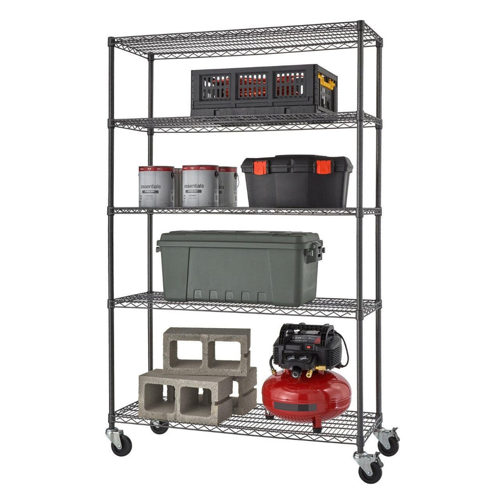 Professional 5-Tier Industrial Wire Shelving 48"x18"x72" with Wheels - Black Anthracite-Grease Monkey Garage