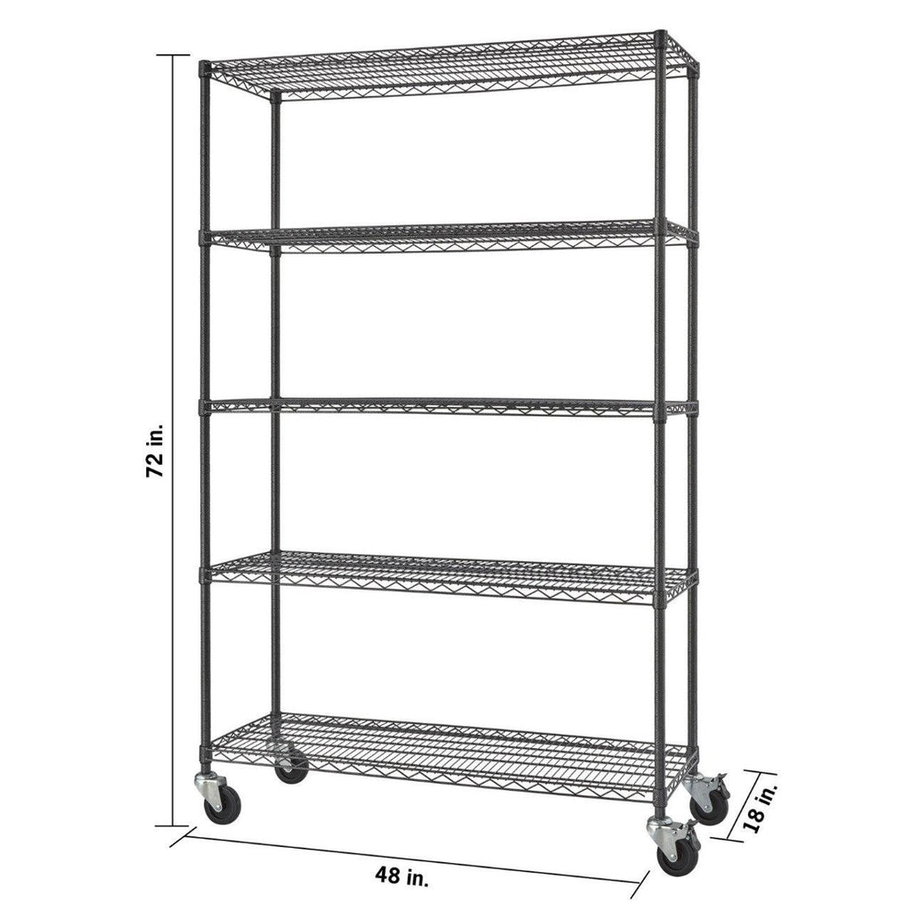 Professional 5-Tier Industrial Wire Shelving 48"x18"x72" with Wheels - Black Anthracite-Grease Monkey Garage