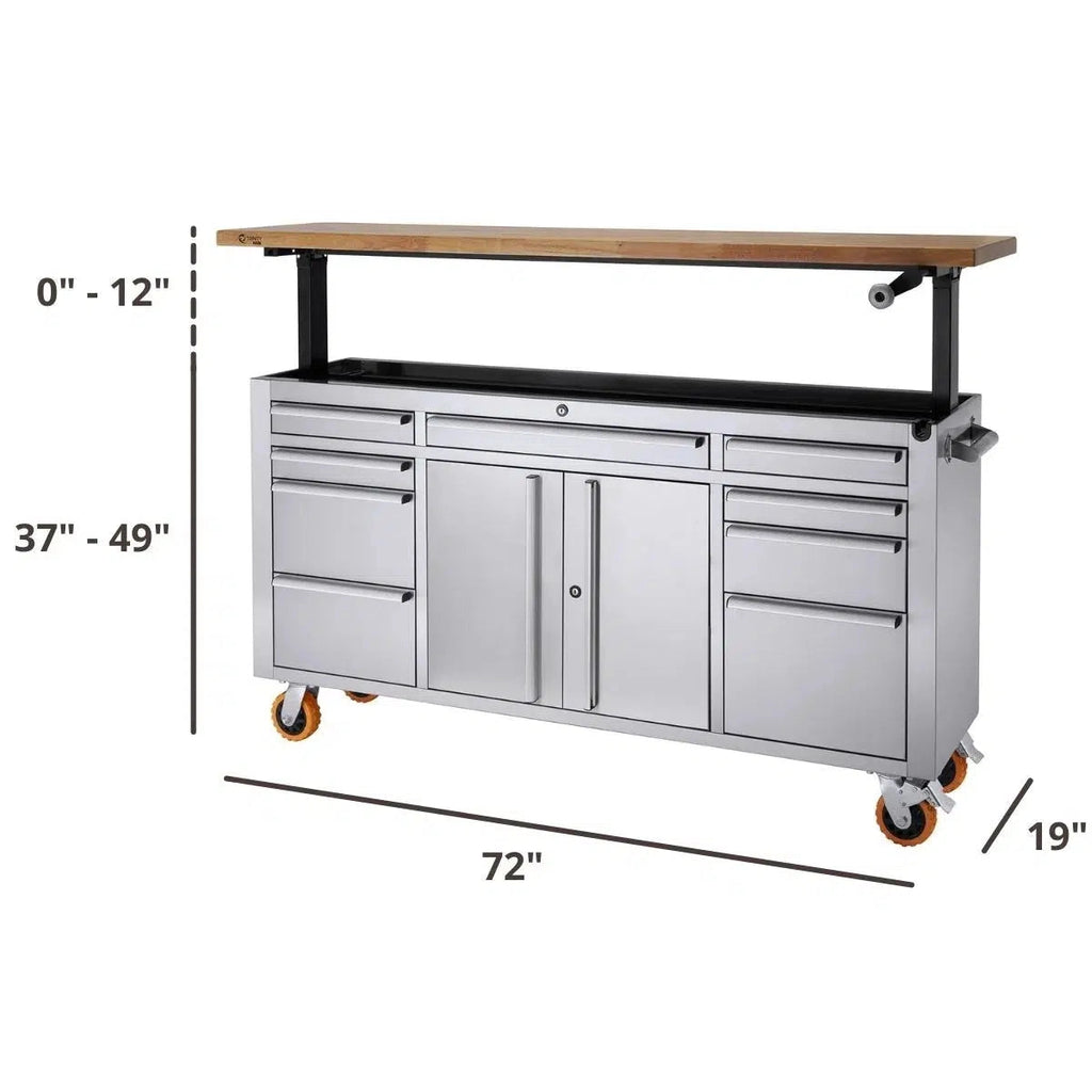 Professional Stainless Steel Rolling Workbench with Adjustable Top 72" x 19"-Grease Monkey Garage